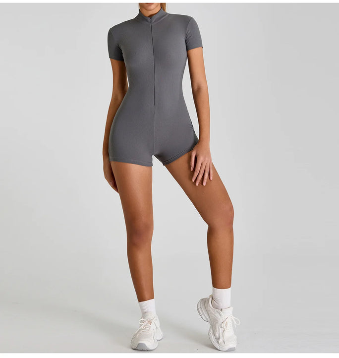 Short Sleeve Zipper Jumpsuit – Comfortable Activewear for Yoga & Fitness