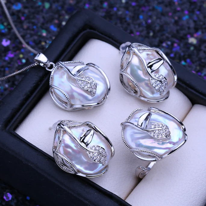 Silver Jewelry Set with Freshwater Baroque Pearls