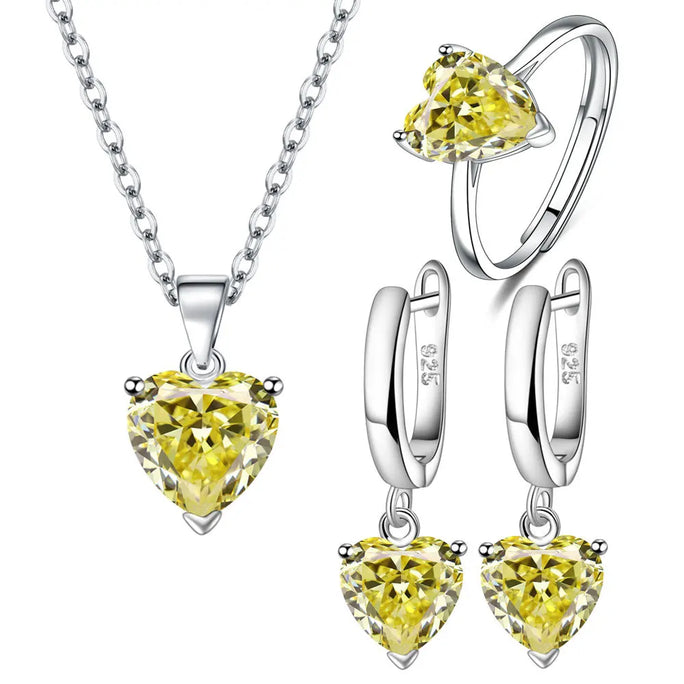 Set 925 Sterling Silver Heart Zircon