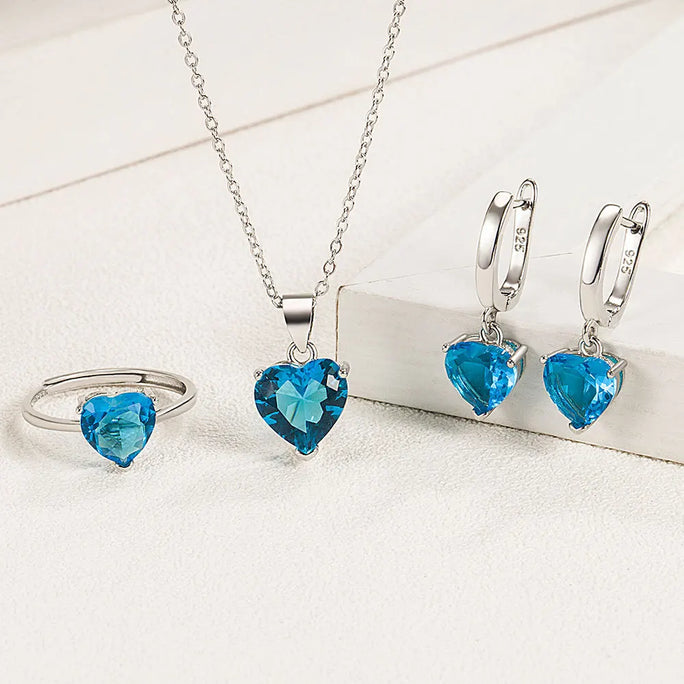 Set 925 Sterling Silver Heart Zircon