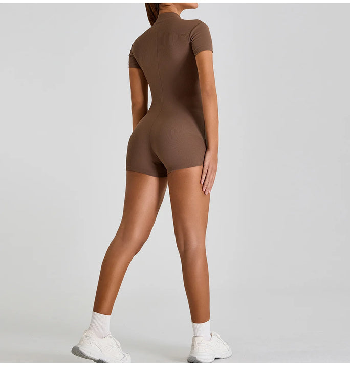 Short Sleeve Zipper Jumpsuit – Comfortable Activewear for Yoga & Fitness