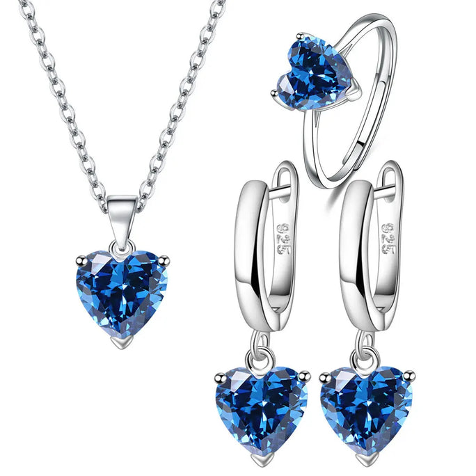 Set 925 Sterling Silver Heart Zircon