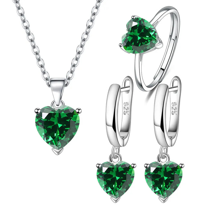 Set 925 Sterling Silver Heart Zircon