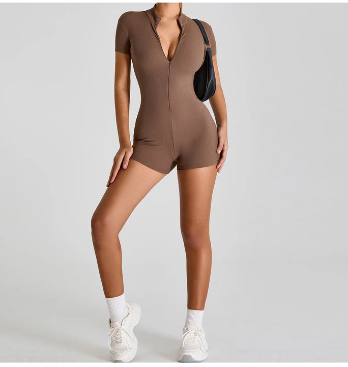 Short Sleeve Zipper Jumpsuit – Comfortable Activewear for Yoga & Fitness