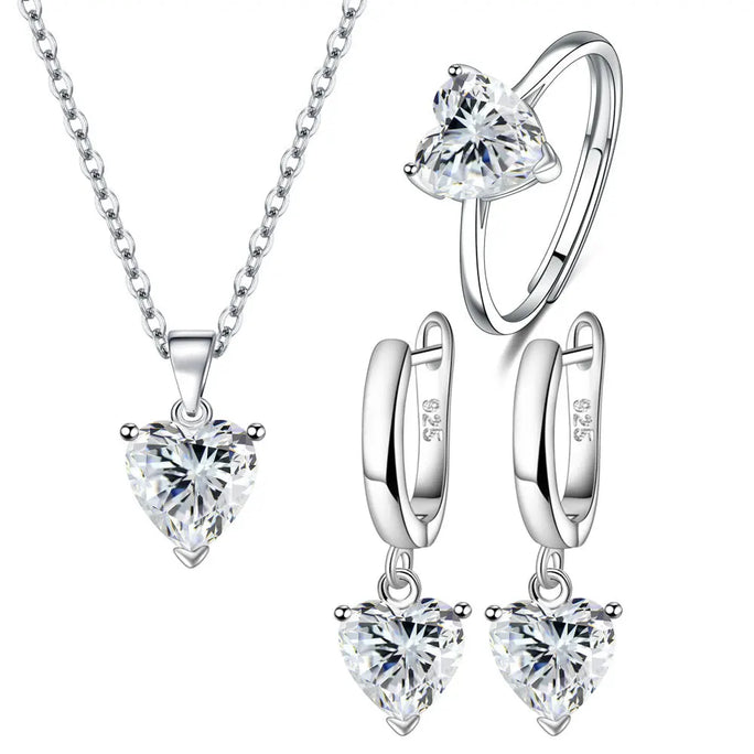 Set 925 Sterling Silver Heart Zircon