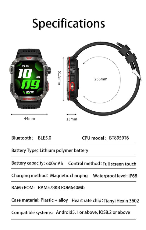 MISIRUN Smart Watch Men LED Flashlight Compass Altitude Air Pressure 100+ Sport Mode Fitness Tracker Outdoor Military Smartwatch