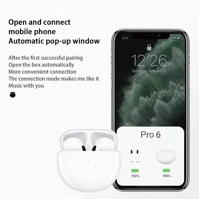 Pro 6 TWS Bluetooth Earbuds - Stereo Sound & Charging Case